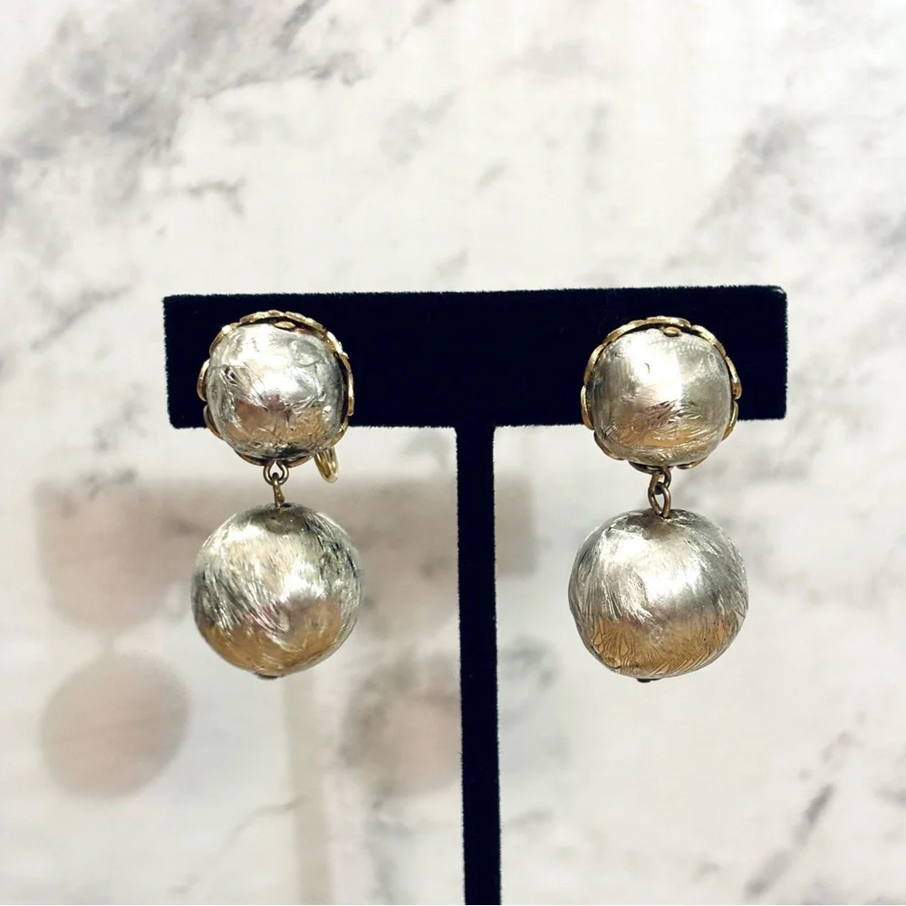 Vintage Silver and Gold Tone Ball Drop Clip-On Earrings - Picture 2 of 8